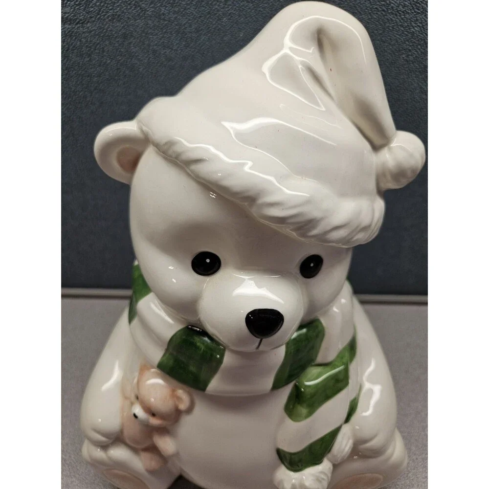 Vintage 1991 Home Interiors by Homco White Polar Bear Cookie Jar w/ Teddy Bear